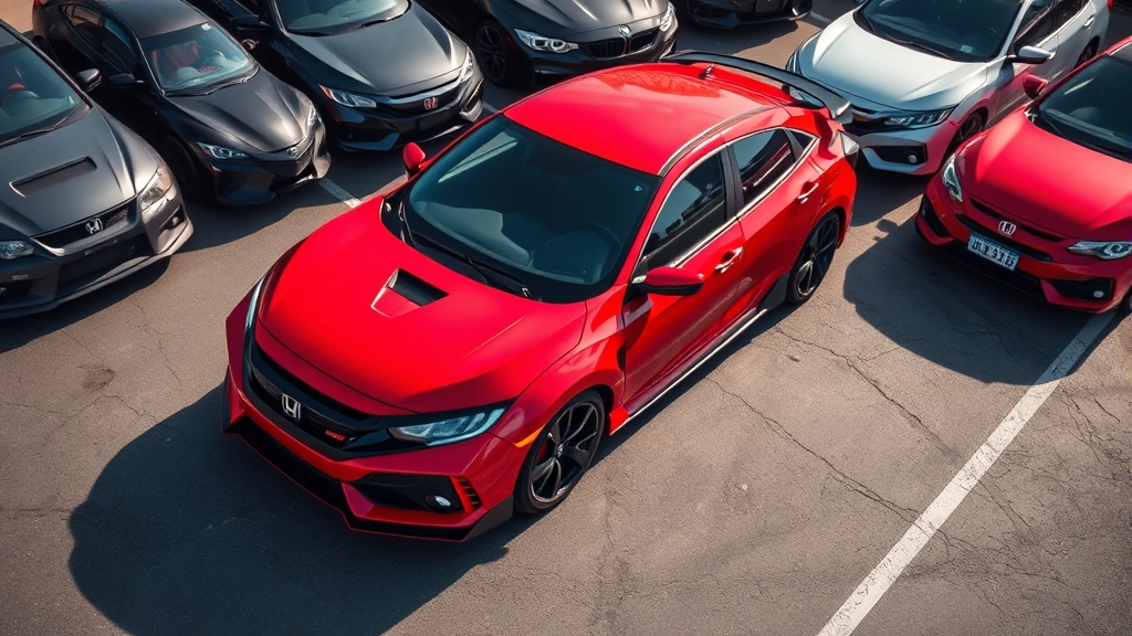 Aerial view of a red Honda Civic Type R parked on a dealer lot surrounded by other vehicles, sunlight highlighting the distinctive styling and performance wheels