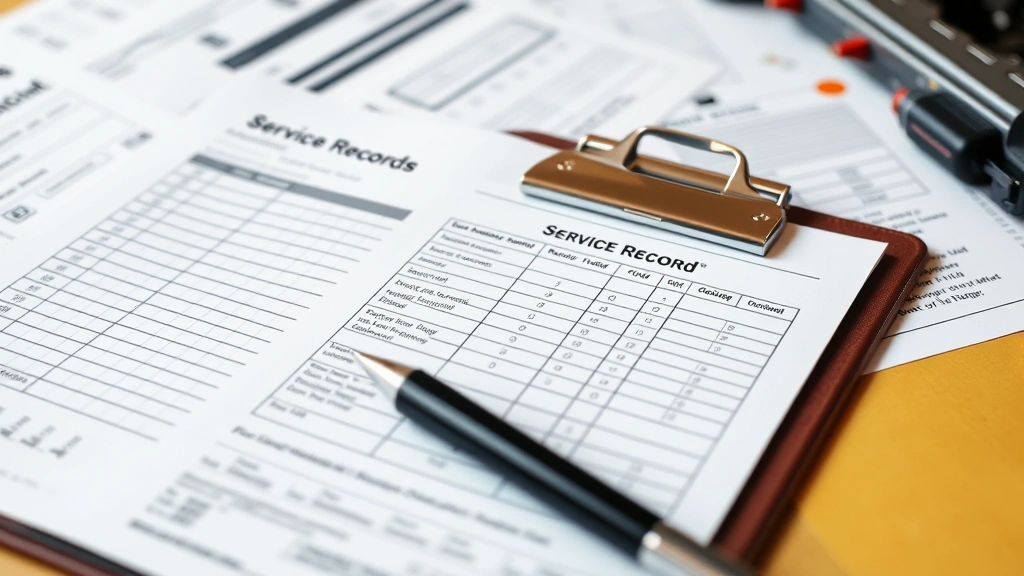 Close-up of automotive service records and maintenance documentation spread on a desk with a clipboard and pen, showing oil change logs and repair history for performance vehicle ownership