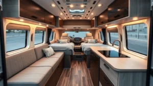Modern Class B motorhome interior compact living space with convertible furniture, kitchenette with two-burner stove, integrated storage solutions, warm ambient lighting, professional photography from multiple angles showing efficient design