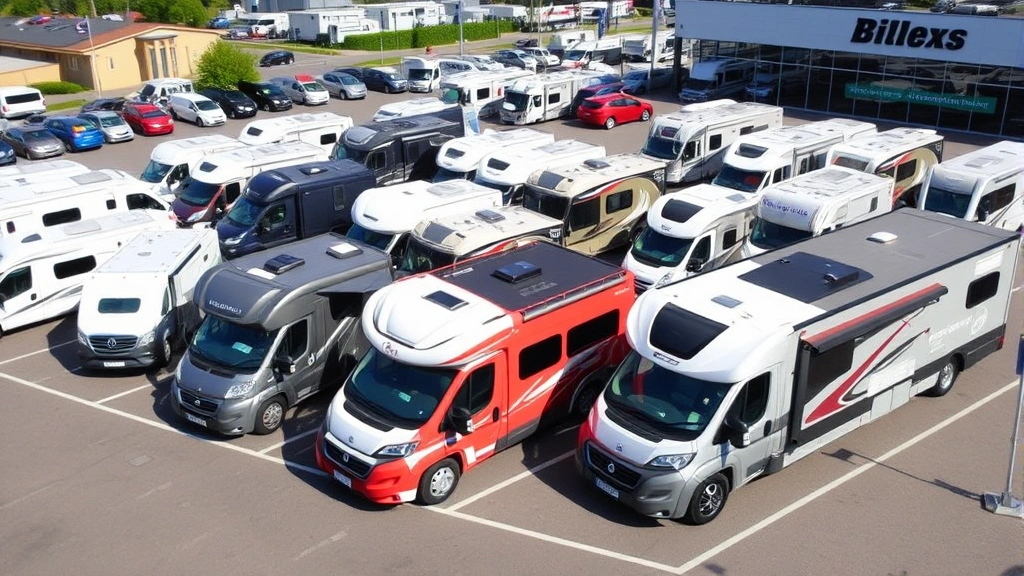 Outdoor dealer lot displaying diverse Class B motorhomes in various colors and configurations, multiple vehicles lined up professionally, sunny daylight, modern dealership setting with organized inventory and professional signage visible