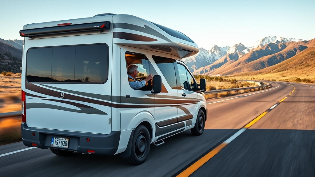 Class B motorhome owner driving modern van-based RV on scenic highway with mountains visible in background, professional automotive photography, emphasis on vehicle exterior design and road presence during daytime travel
