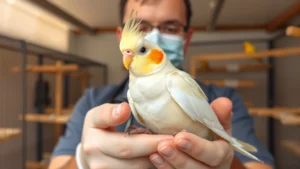 Professional avian breeder holding a healthy yellow and white cockatiel in hands, bird alert and calm, indoor breeding facility with proper lighting and clean perches visible in background, natural daylight, professional atmosphere