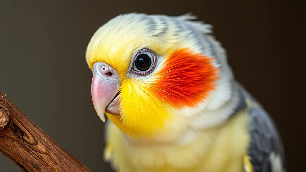 Close-up of cockatiel's head showing clear bright eyes, smooth feathers, and healthy plumage, bird perched on wooden branch, professional pet photography, natural colors vibrant