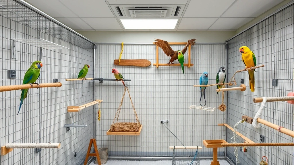 Spacious bird enclosure with multiple perches, toys, and enrichment items, clean facility with proper ventilation, avian veterinary clinic setting, professional healthcare environment for birds