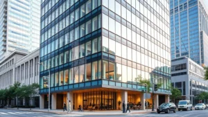 Modern commercial office building exterior in downtown Atlanta with glass facade and contemporary architecture, daytime professional setting, busy urban street visible