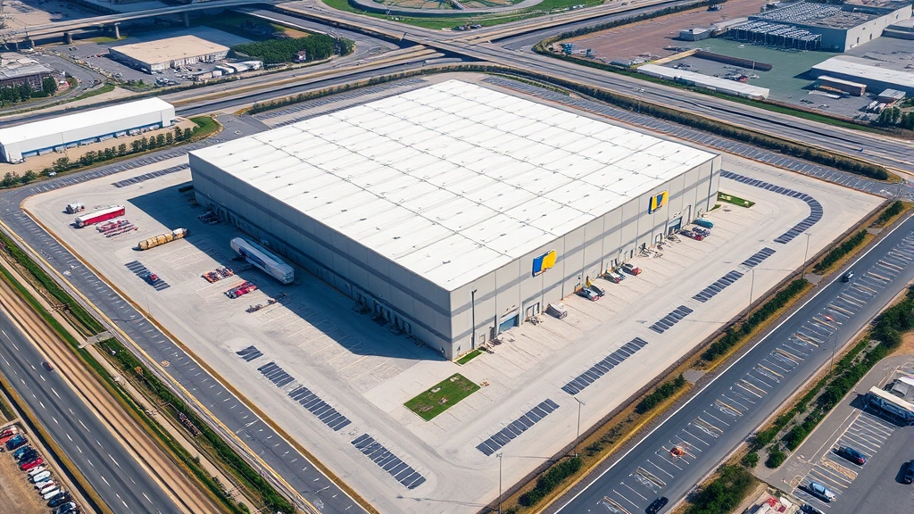 Aerial view of large industrial warehouse and distribution center facility with loading docks and parking areas, surrounded by logistics infrastructure and highways