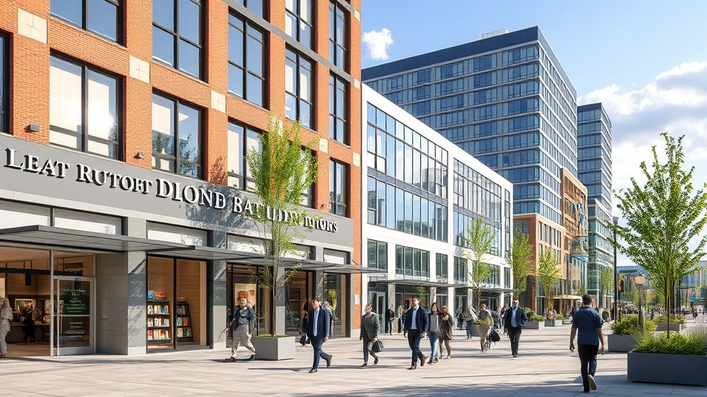 Mixed-use commercial development with retail storefronts, office spaces, and outdoor plaza with professionals walking, contemporary urban environment