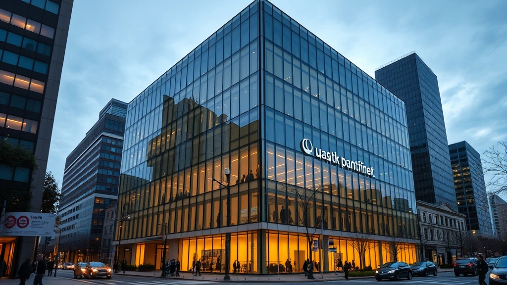 Modern glass-fronted commercial office building in downtown Washington DC at dusk, reflecting city lights, professional urban architecture with busy street level activity and pedestrians