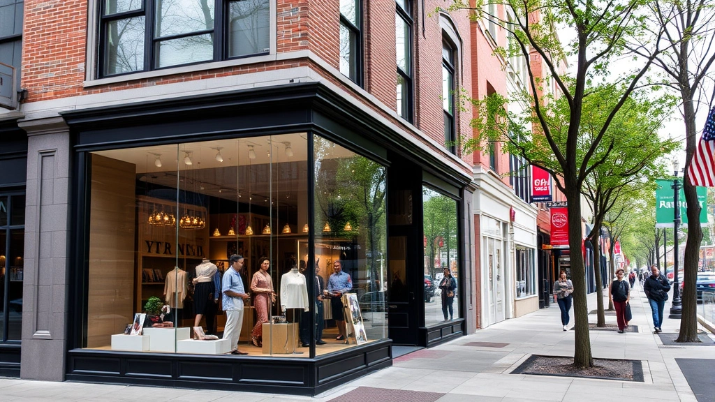 Upscale retail storefront with large windows on a vibrant DC neighborhood street, displaying merchandise, customers visible through glass, tree-lined sidewalk with other businesses nearby