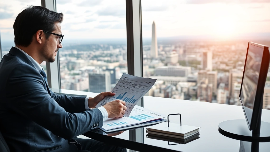 Commercial real estate investment professional reviewing property documents and market analysis charts at modern office desk with DC skyline visible through windows