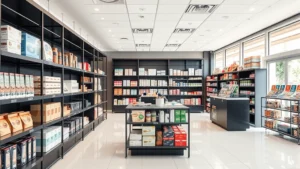 Professional retail store interior with modern shelving, organized product displays, clean flooring, and bright overhead lighting. Clean, well-maintained shopping environment ready for sale. Photorealistic business photography.