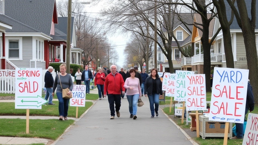 Community yard sale event scene with multiple properties participating along a residential street, buyers walking between sales, hand-painted directional signs visible, neighborhood residents interacting and socializing during a weekend spring cleaning event, vibrant community participation and engagement