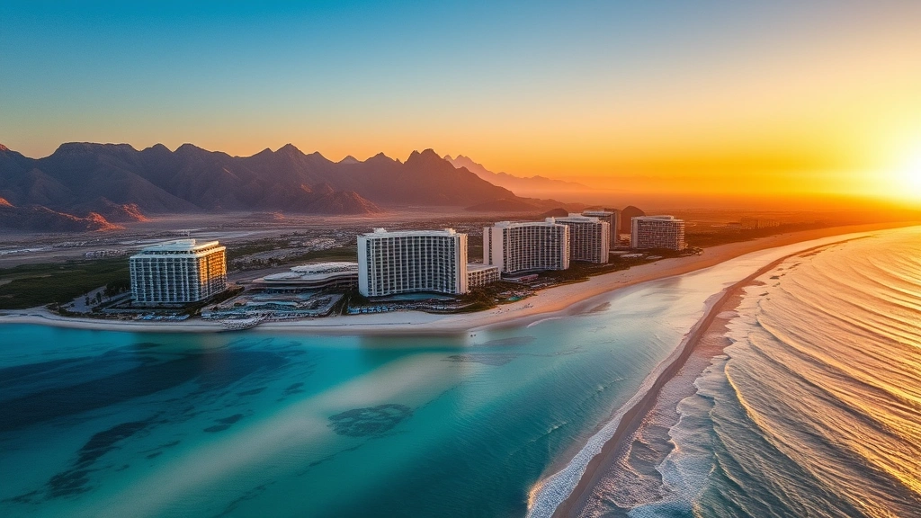 Aerial drone photograph of Los Cabos beachfront showing crystal-clear turquoise waters, white sand beaches, and luxury residential high-rises integrated with resort amenities, mountain backdrop at sunset with golden hour lighting