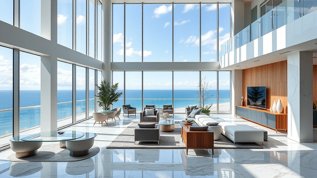 Modern luxury condo interior featuring floor-to-ceiling ocean-view windows, contemporary furnishings, open-concept living spaces, marble finishes, and professional photography showing lifestyle appeal without any text or signage visible