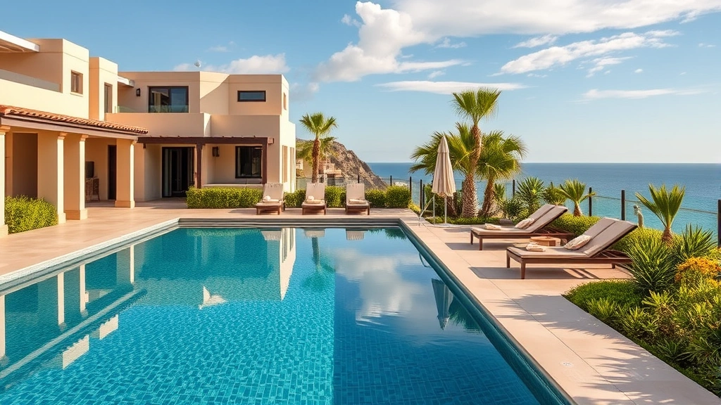 Close-up of premium poolside area at exclusive Los Cabos resort community showing infinity pool overlooking Pacific Ocean, lounge seating, professional landscaping, and architectural elegance without visible signage or text elements