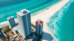 Aerial view of Miami Beach beachfront high-rise condominiums with turquoise ocean, white sand beaches, and palm trees, daytime natural lighting, luxury residential architecture perspective