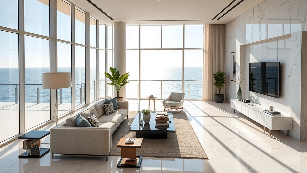 Modern luxury condo interior with floor-to-ceiling windows overlooking ocean, contemporary furniture, marble finishes, and premium amenities, bright natural daylight streaming through windows