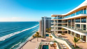 Luxury oceanfront residential condo building with modern architecture overlooking Atlantic Ocean, natural lighting, professional real estate photography style, daytime, blue sky