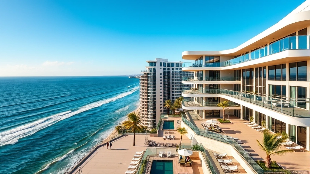 Luxury oceanfront residential condo building with modern architecture overlooking Atlantic Ocean, natural lighting, professional real estate photography style, daytime, blue sky