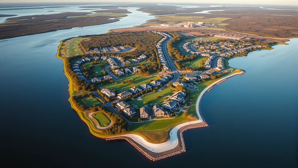 Aerial view of Kiawah Island resort community showing manicured golf courses, waterfront properties, and planned development layout, drone photography perspective, natural lighting