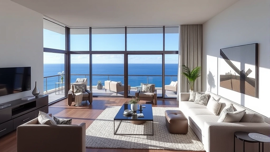 Upscale condo interior featuring open floor plan, floor-to-ceiling windows with ocean views, contemporary furnishings, neutral color palette, professional interior design staging