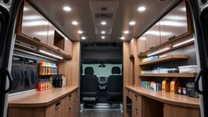 Professional conversion van interior with organized cabinetry, modern LED lighting, and clean workspace displaying retail merchandise neatly arranged on shelves