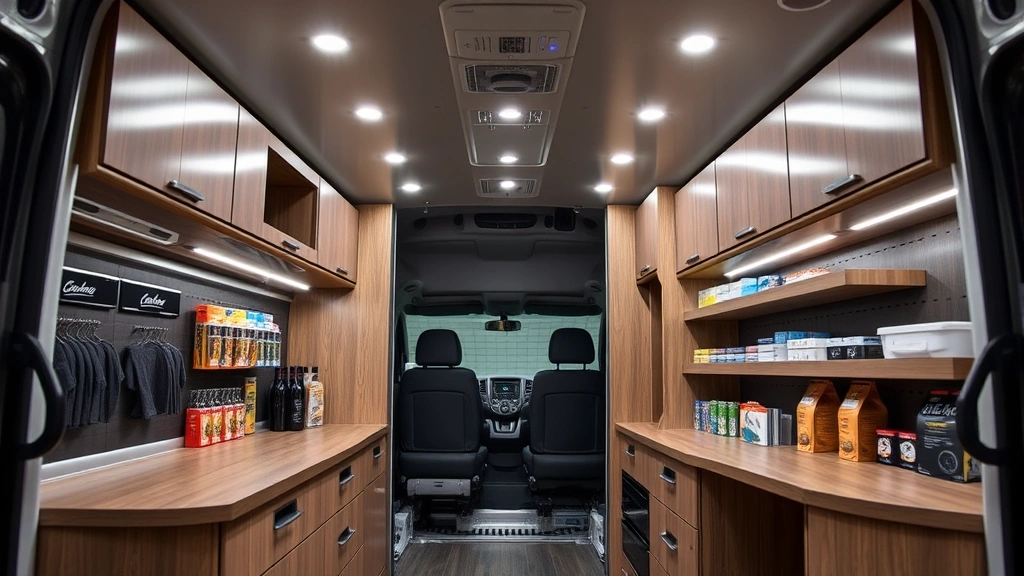 Professional conversion van interior with organized cabinetry, modern LED lighting, and clean workspace displaying retail merchandise neatly arranged on shelves