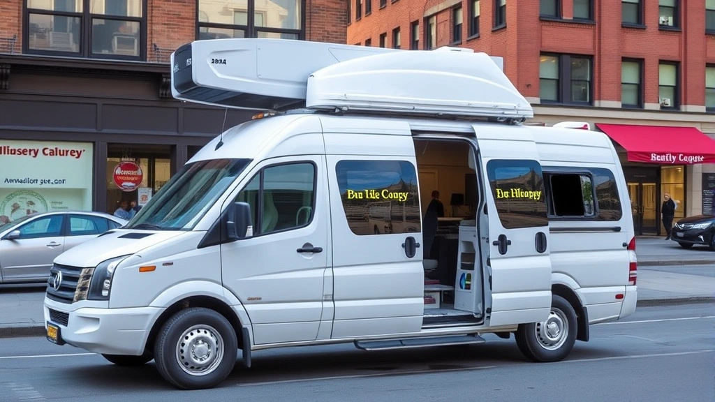 Exterior view of a well-maintained white commercial conversion van parked in urban business district, showing professional graphics and functionality