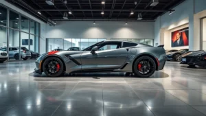 Professional automotive dealership showroom interior displaying high-performance Corvette sports car on polished concrete floor with dramatic overhead lighting, pristine condition vehicle with sleek design, no signage or text visible