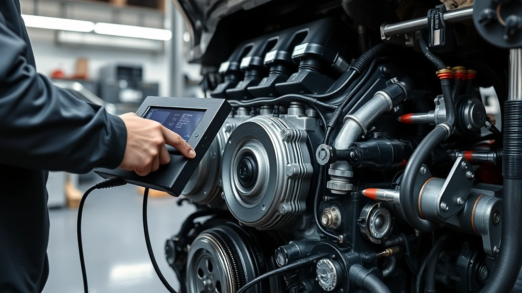 Detailed close-up of automotive mechanic performing diagnostic inspection on supercharged engine block using professional testing equipment, hands working on engine components in well-lit service bay, technical equipment and tools visible but no identifying text