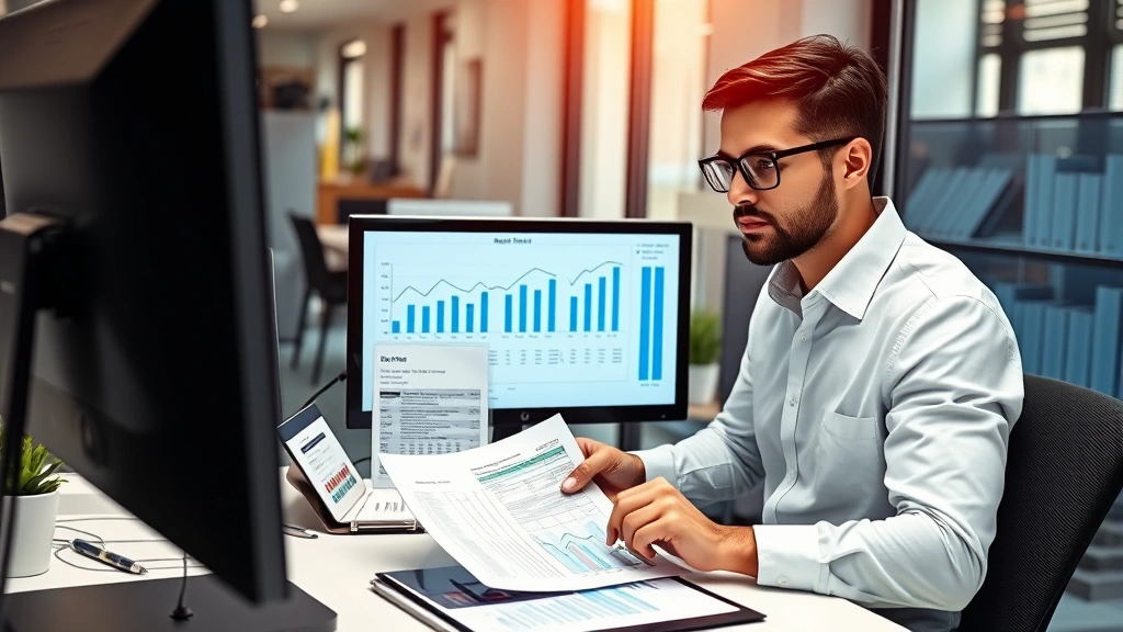 Professional accountant analyzing financial documents and sales tax calculations on computer screen in modern office setting with charts and graphs visible