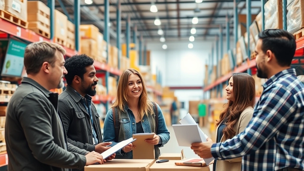 Diverse retail business owners discussing inventory management and tax compliance in a well-organized warehouse with shelves of merchandise and digital display screens