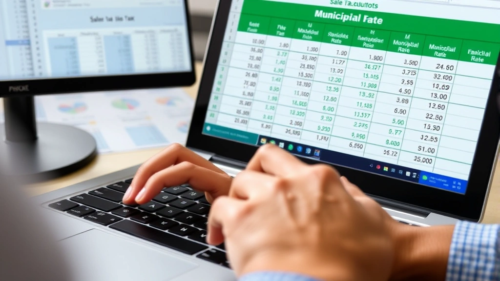 Close-up of hands typing on laptop keyboard with spreadsheet showing sales tax calculations and municipal rate comparison tables on monitor