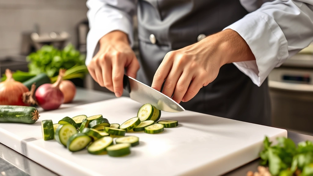 Professional chef slicing fresh cucumbers on white cutting board with sharp knife, natural kitchen lighting, ingredients visible in background including red onions and fresh herbs, photorealistic commercial kitchen setting