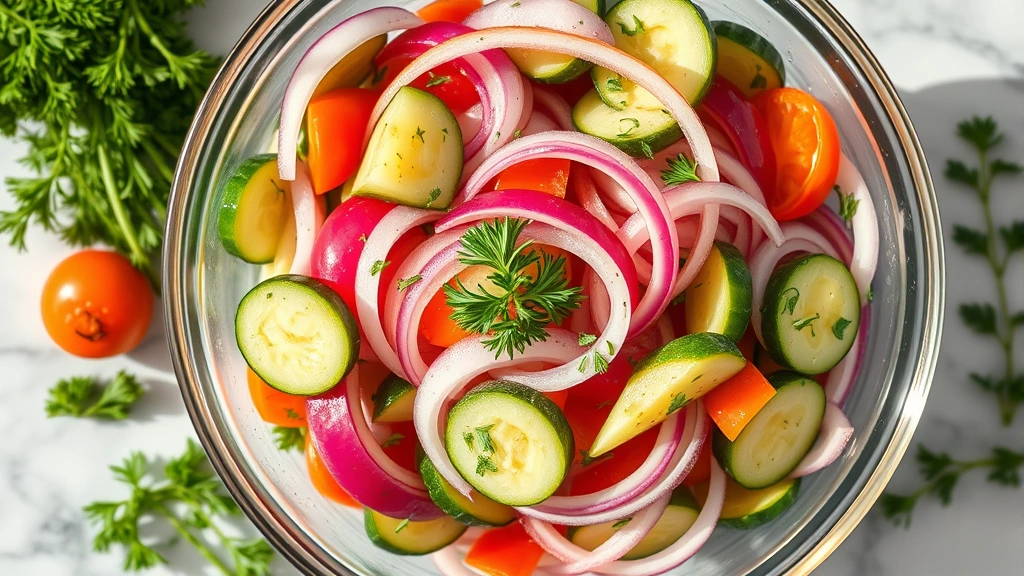 Overhead view of fresh cucumber onion salad in clear glass bowl with vinaigrette dressing, colorful vegetables glistening with moisture, garnished with fresh dill and parsley, bright natural lighting on marble counter