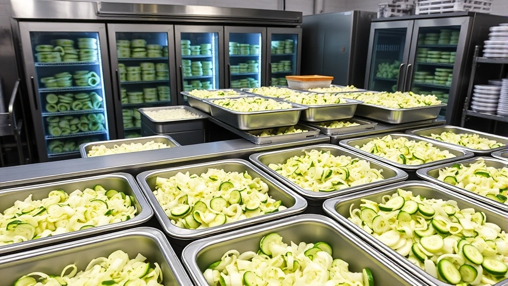 Commercial kitchen setup showing bulk cucumber onion salad production with stainless steel containers, proper food storage organization, refrigeration units visible, multiple prepared batches ready for packaging and distribution