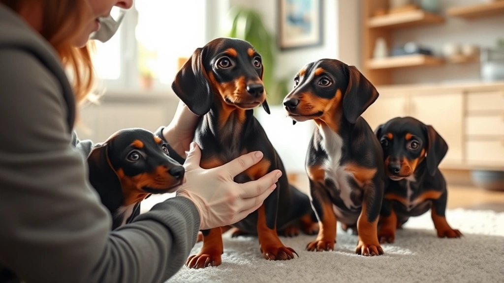 Professional dachshund breeder examining healthy puppies in clean home environment with natural lighting, showing proper socialization practices