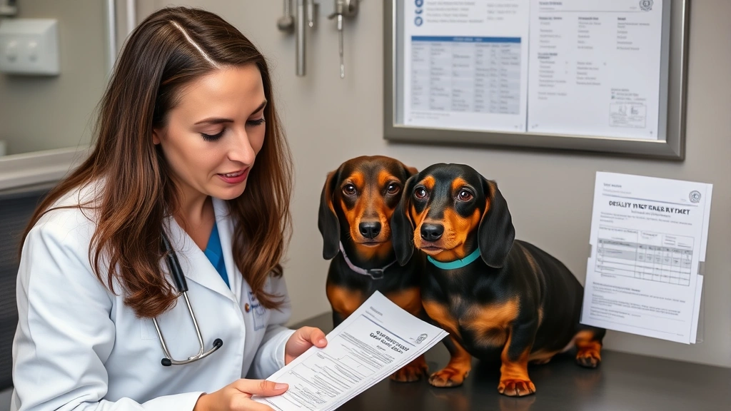 Veterinarian reviewing health documentation and genetic testing results with dachshund breeder, displaying OFA certifications and health records