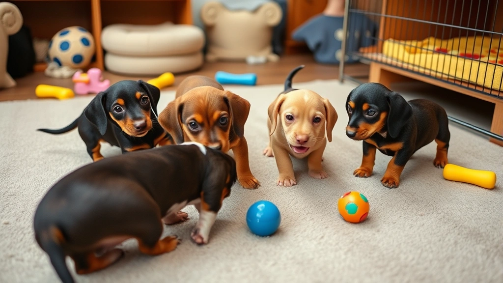 Multiple healthy dachshund puppies playing together in safe indoor puppy socialization area with toys and comfortable bedding