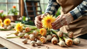 Professional gardener carefully examining dahlia tubers on wooden workbench, selecting quality bulbs with visible growth eyes, natural lighting from greenhouse windows, close-up detail of hands inspecting tuber condition