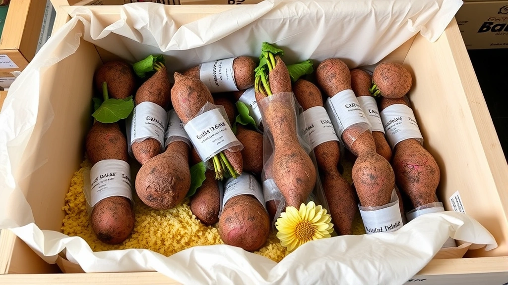 Dahlia tubers packed in protective shipping materials, professional packaging showing peat moss cushioning and individual tuber wrapping, wooden crate or cardboard box with gardening label, careful presentation of quality plant material