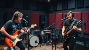 Professional musician recording studio with Deftones-style alternative metal band members performing, high-end audio equipment visible, focused expressions during recording session