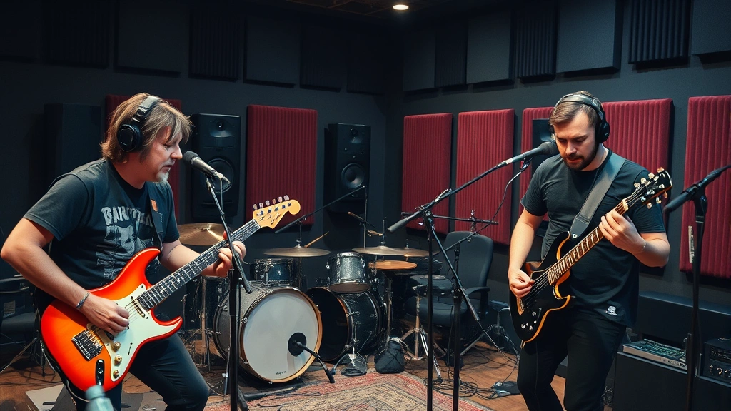 Professional musician recording studio with Deftones-style alternative metal band members performing, high-end audio equipment visible, focused expressions during recording session