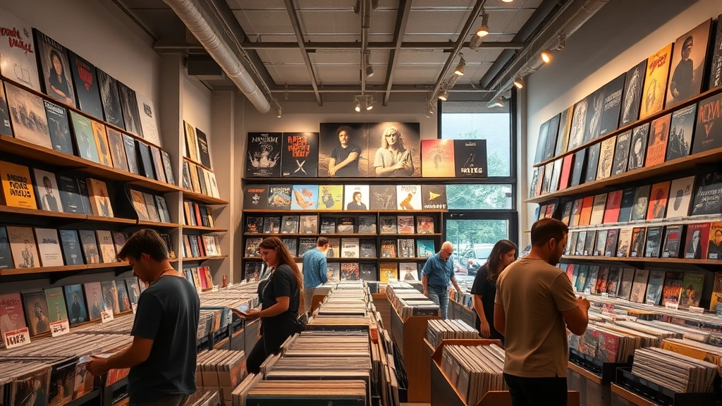 Modern vinyl record store interior with alternative metal section, customers browsing limited edition albums, warm lighting, organized display shelving, diverse product variants
