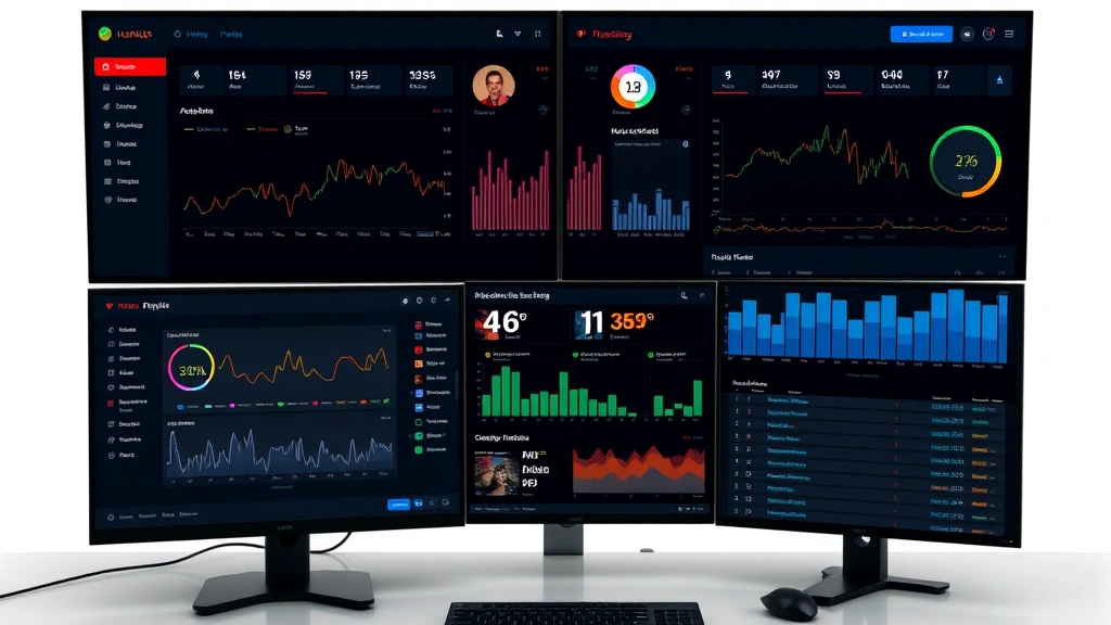Digital music streaming dashboard showing chart analytics, sales metrics, playlist performance data on multiple monitors, professional music industry workspace with data visualization