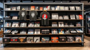 Professional music merchandise display featuring premium t-shirts, vinyl records, and limited edition items arranged on modern retail shelving in a contemporary brand store environment with professional lighting, no visible text or signage