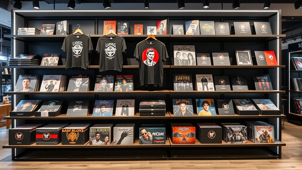 Professional music merchandise display featuring premium t-shirts, vinyl records, and limited edition items arranged on modern retail shelving in a contemporary brand store environment with professional lighting, no visible text or signage