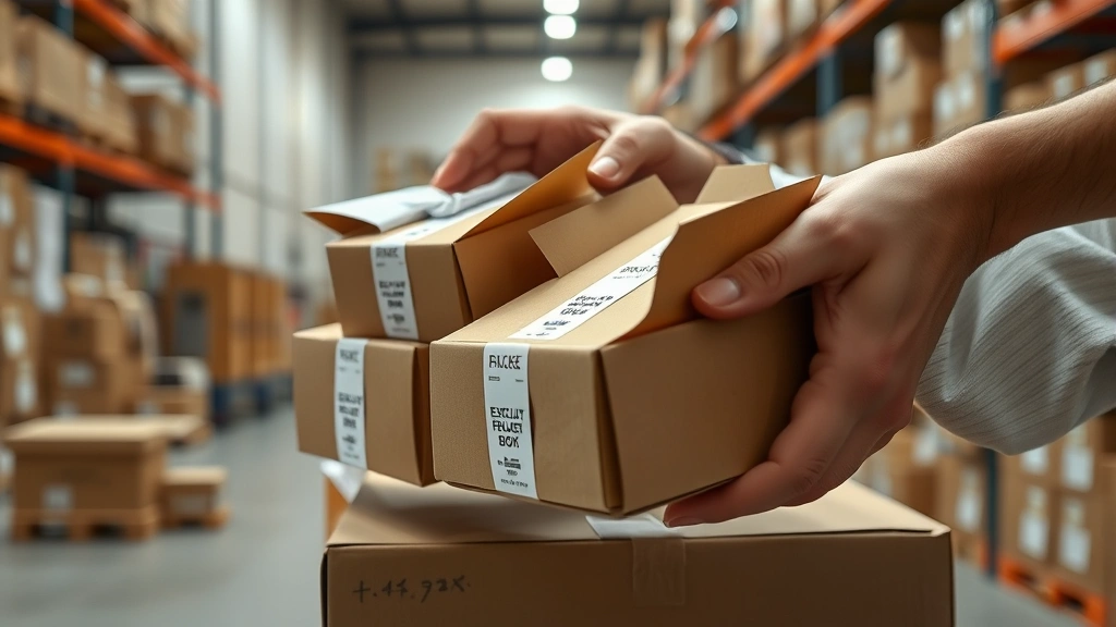 Close-up of hands packaging exclusive merchandise items in branded boxes with tissue paper and stickers, showing fulfillment process in clean warehouse setting with organized inventory in background, photorealistic