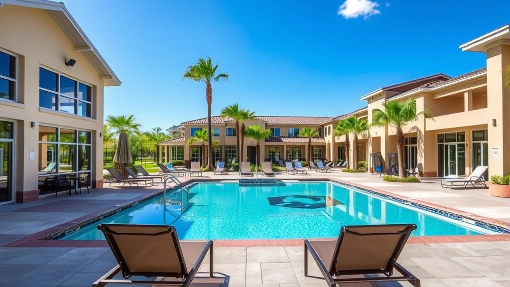Modern upscale retirement community clubhouse with resort-style pool, lounge chairs, fitness facilities visible through windows, palm trees and manicured grounds, bright sunny day