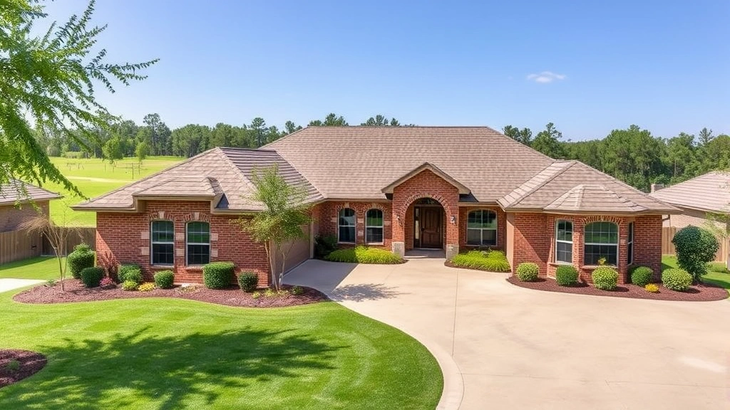 Luxury single-family home in active adult community with golf course view, brick exterior, mature landscaping, wide driveway, pristine condition, daytime photography